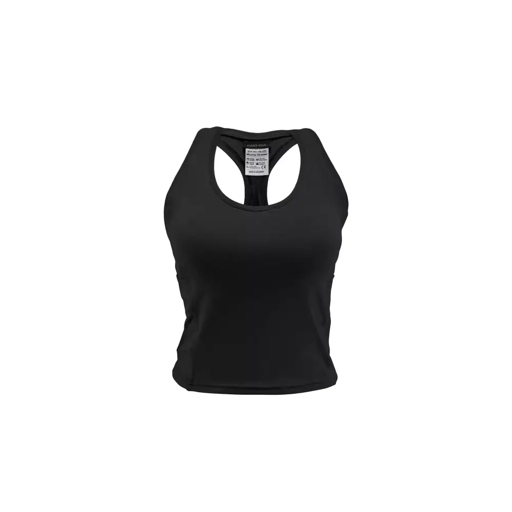 Women's crop top for insulin pump, black, soft stretch fabric, dual pump pockets with tubing holes.