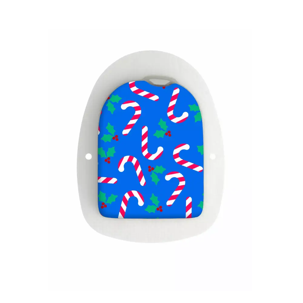 Omnipod POD Christmas edition sticker with candy canes and holly design.