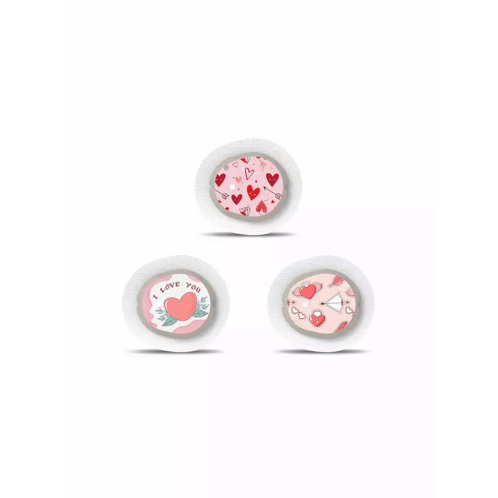 Dexcom G7 Sensor Stickers - Valentine Edition 2024 with heart and love-themed designs, set of 3.