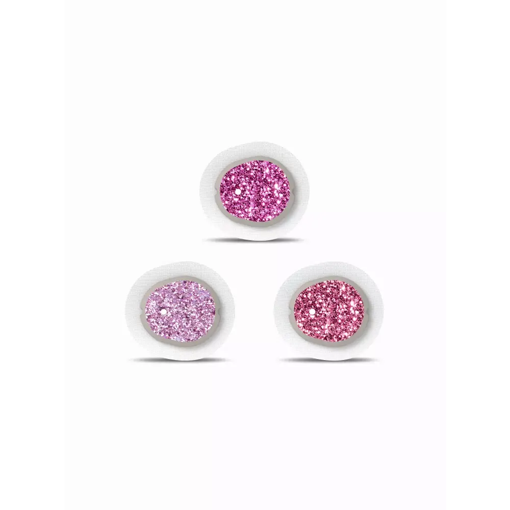 Valentine-themed Dexcom G7 sensor stickers with glittery pink hearts, set of 3.
