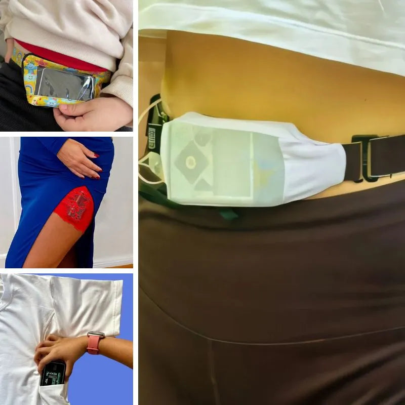 Accessoires pour pompe à insuline: ceinture colorée, pochette discrète, et bande de cuisse en dentelle rouge.