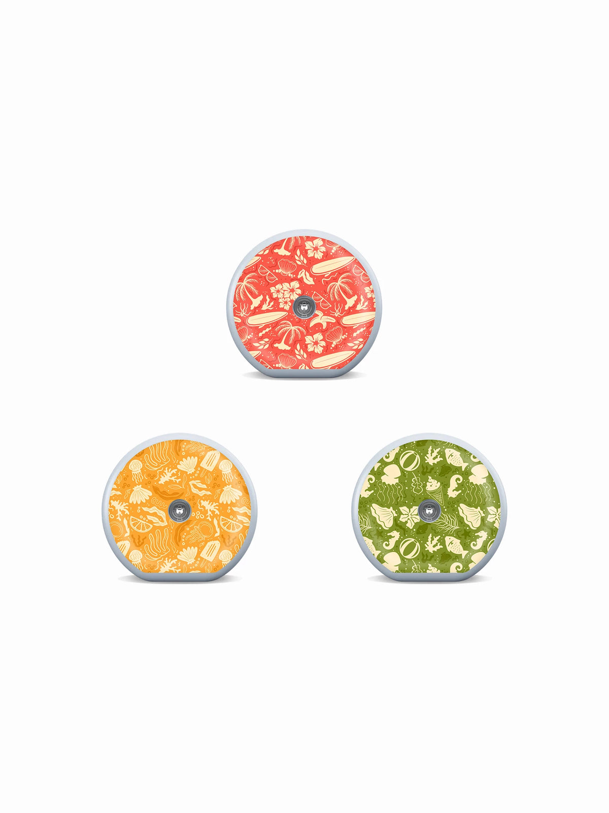 Three Accu-Chek SmartGuide sensor stickers with coral, orange and olive summer doodle patterns on a white background.