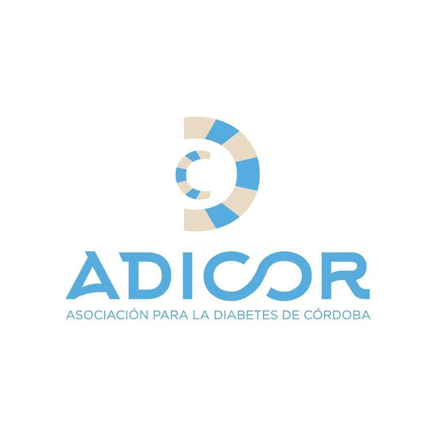 ADICOR logo: blue and beige segmented crescent icon above "ADICOR" and "Asociación para la Diabetes de Córdoba" text. Image