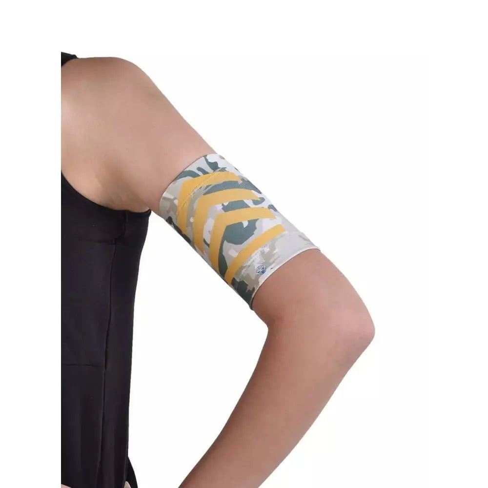 Elastic armband protecting glucose monitor, stylish design, perfect for sports and swimming.