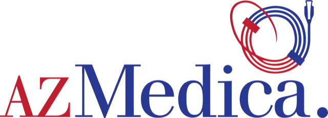 AZ Medica logo with red "AZ" and blue "Medica", featuring coiled red and blue medical cables. Image