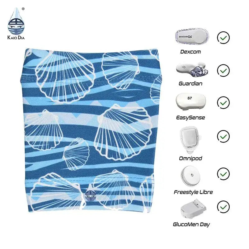 Glucose sensor armband for kids with sea-themed design, compatible with various devices like Dexcom and Freestyle Libre.