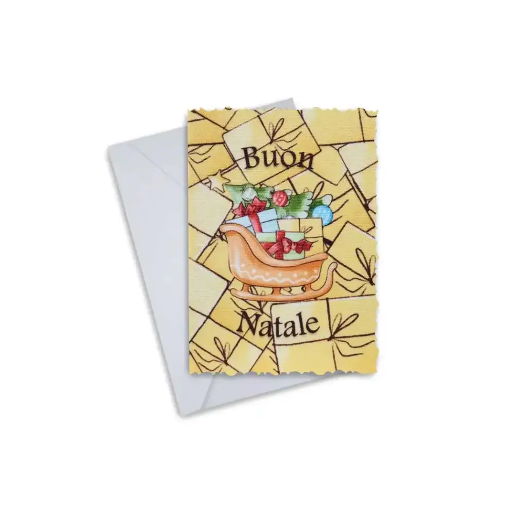 Elegant Christmas greeting card with festive sleigh design and "Buon Natale" text, featuring vibrant colors and festive decorations.