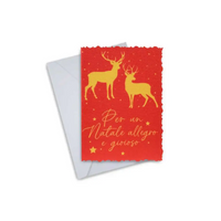 Elegant Christmas greeting card with gold reindeer design on red background, includes envelope, perfect for personalized holiday messages.