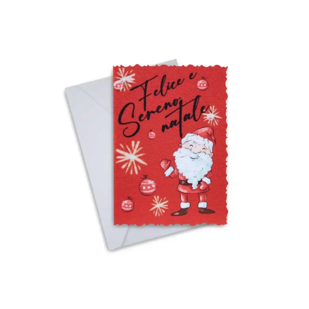 Elegant Christmas greeting card with Santa Claus design, text "Felice e Sereno Natale," and accompanying envelope.