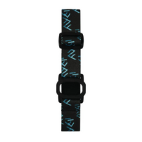 Buzud CGM Adjustable Armband - Dia-Style, black elastic band with blue pattern, designed for secure and comfortable CGM sensor placement.