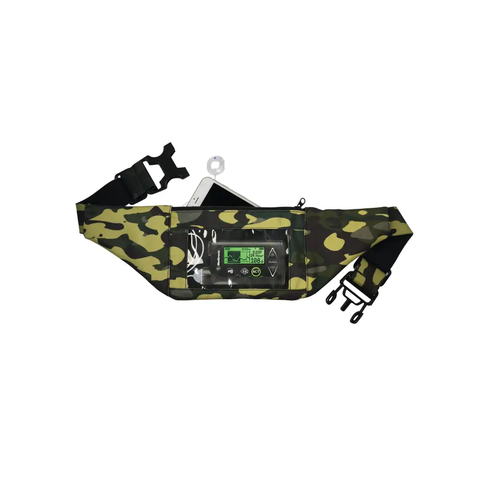 Camouflage double pocket insulin pump belt for children, with front window and adjustable strap.