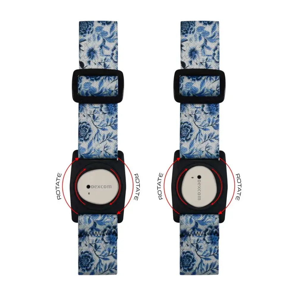 Two smartwatches with floral straps in Dexcom G7 Armband Summer Edition with Rotating Clip