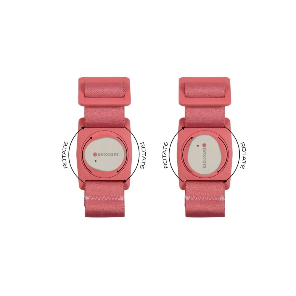Pink wristwatch front and back views on Dexcom G7 Sensor Dia-Style Armband with rotating clip