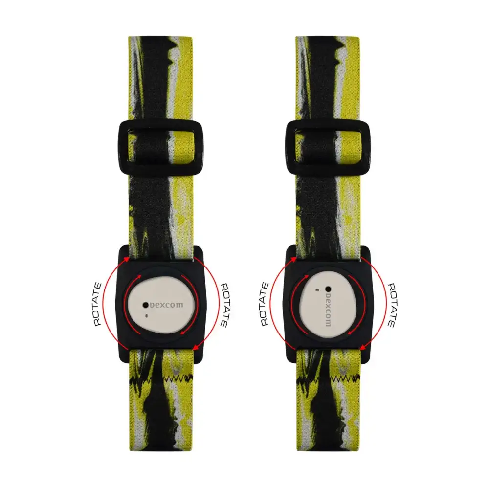 Two identical digital watches with black bezels and yellow-black patterned straps