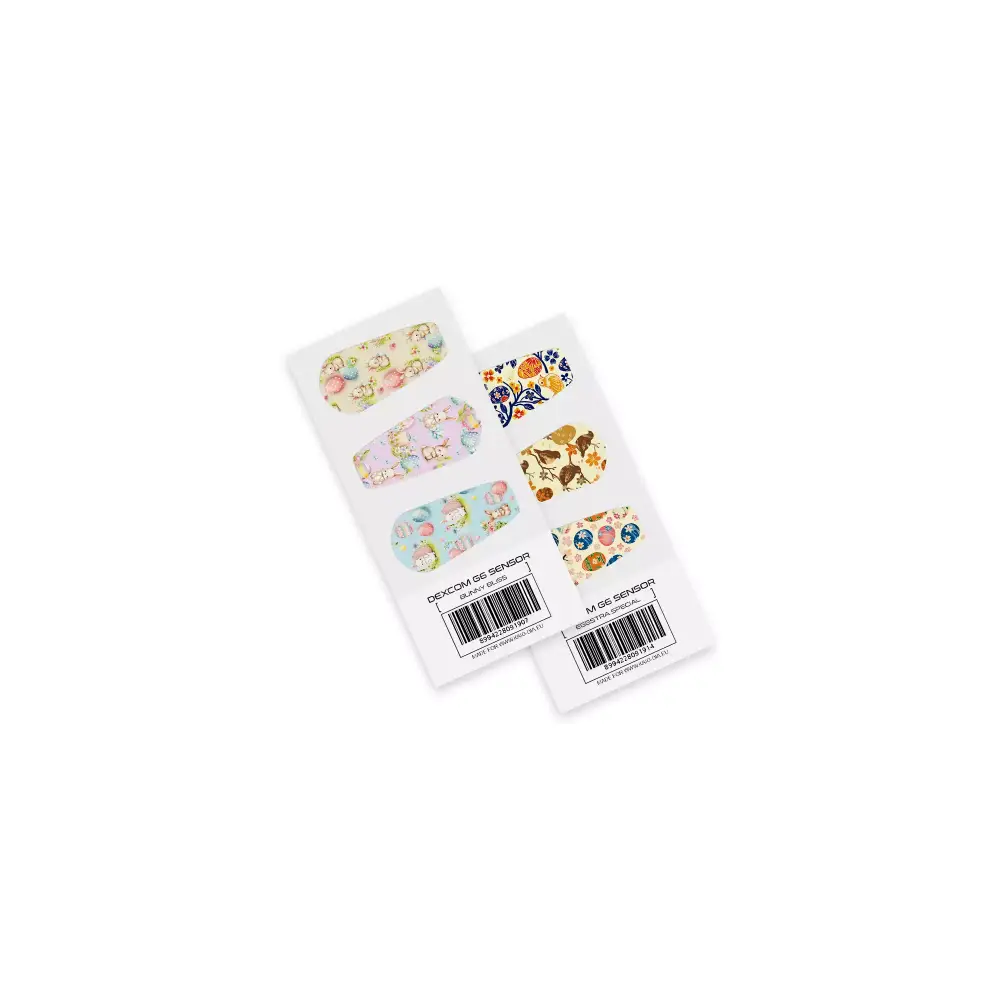 Adhesive bandage strips with colorful patterns for Dexcom G6 blood glucose monitor