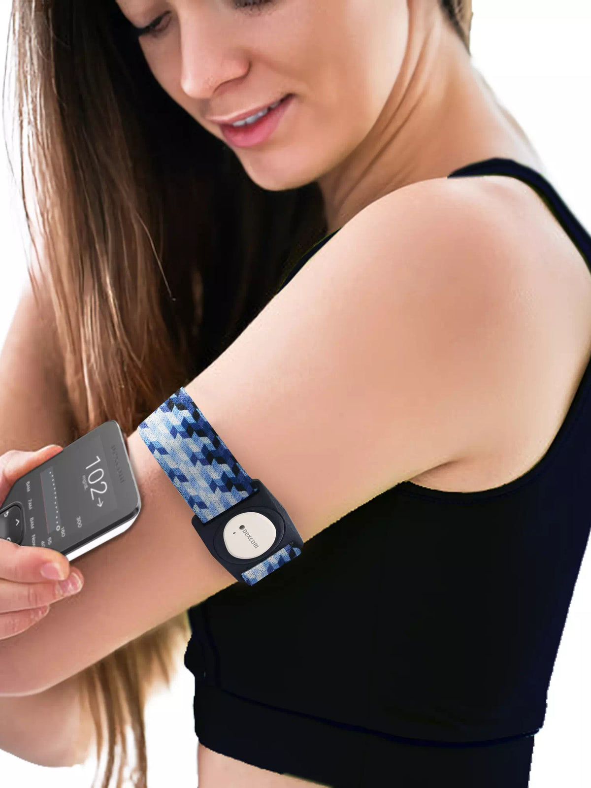 Dexcom G7 Armband with Rotating Clip in blue pattern, worn by woman for secure sensor placement.