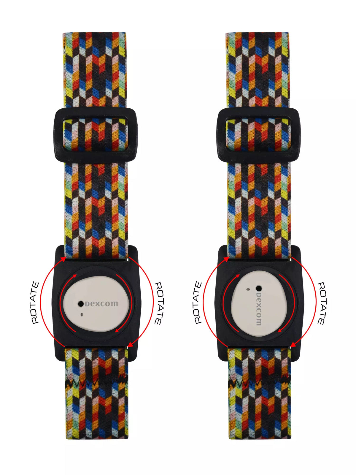 Colorful Dexcom G7 armband with rotating clip for secure sensor fit and stylish design.