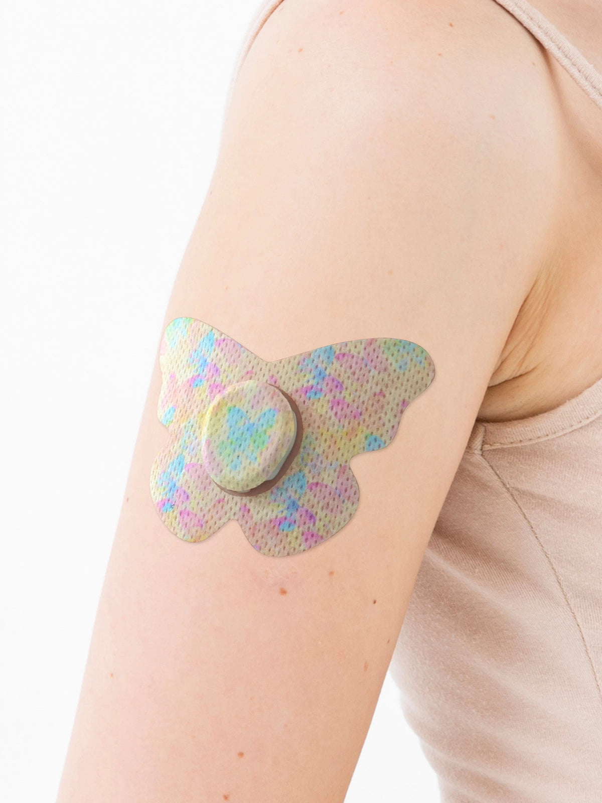 Adesivo de fixação para Dexcom G7, forma de borboleta, no braço, grande plano