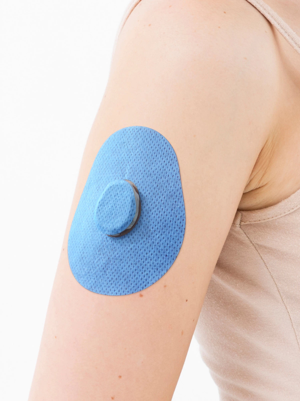 Adesivo de fixação para Dexcom G7, forma de gota, no braço, grande plano