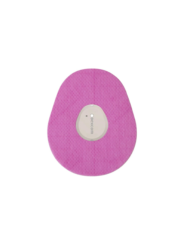 Dexcom G7 drop shape patch in pink solid color, breathable adhesive overpatch to help support sensor wear