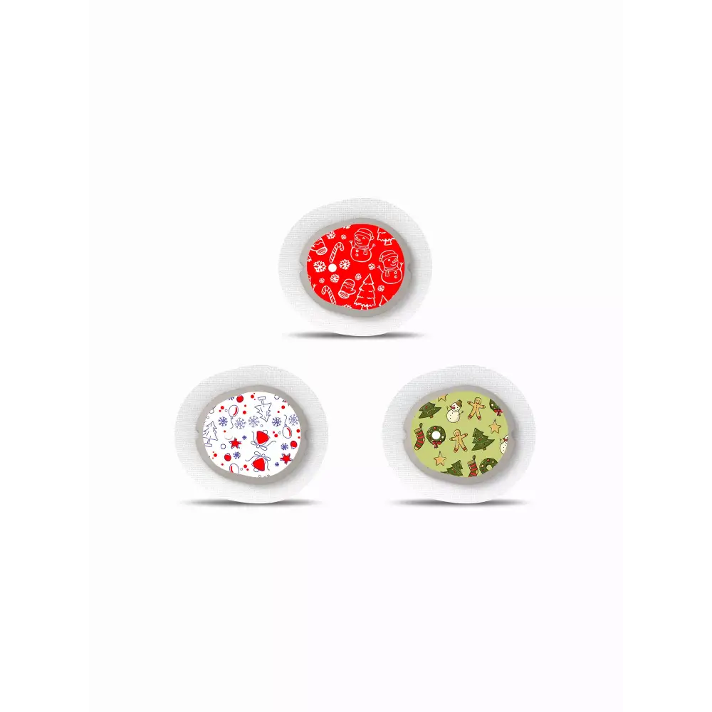 Three circular bowls with colorful food items next to Dexcom G7 Stickers for Christmas 2024