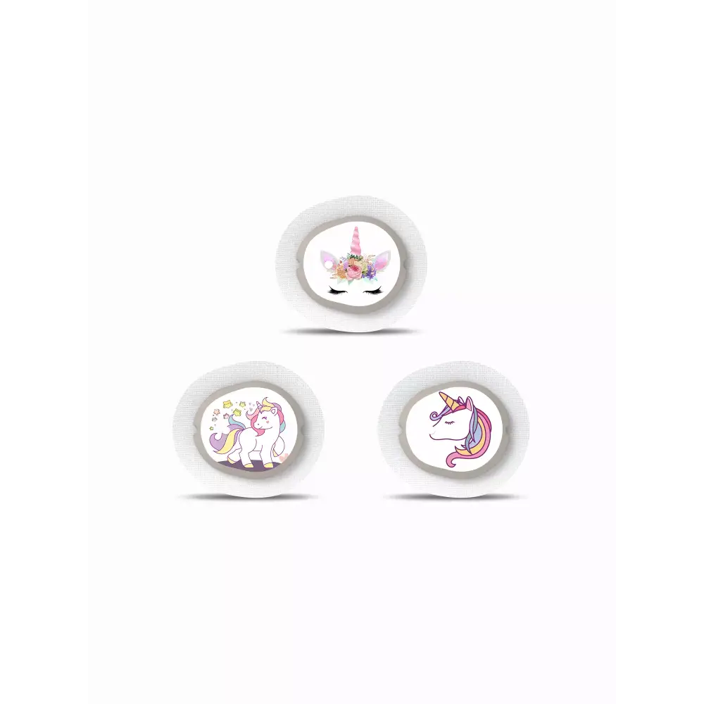 Dexcom G7 Stickers in Fun Vibes Unicorn design. Personalize your Dexcom G7 sensor with unicorn designs. 3 stickers per pack. Non-removable.