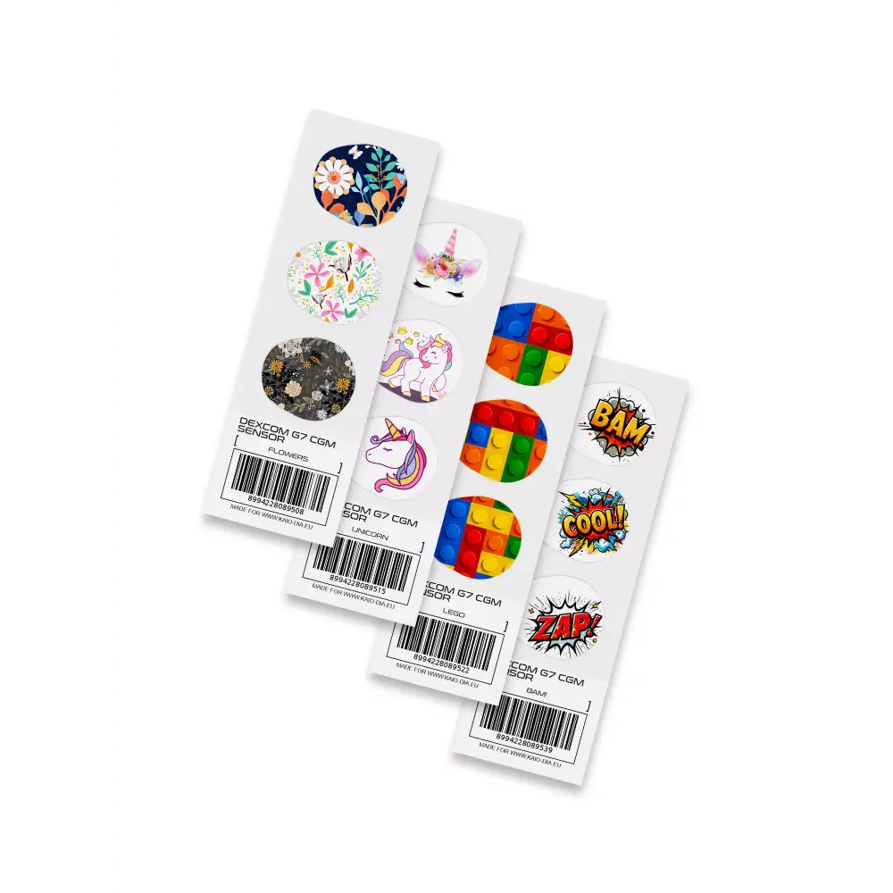 Dexcom G7 Stickers - Fun Vibes collection showcasing designs like BAM!, Lego, Unicorn, and Flowers. Customize and protect your CGM sensor with vibrant stickers.
