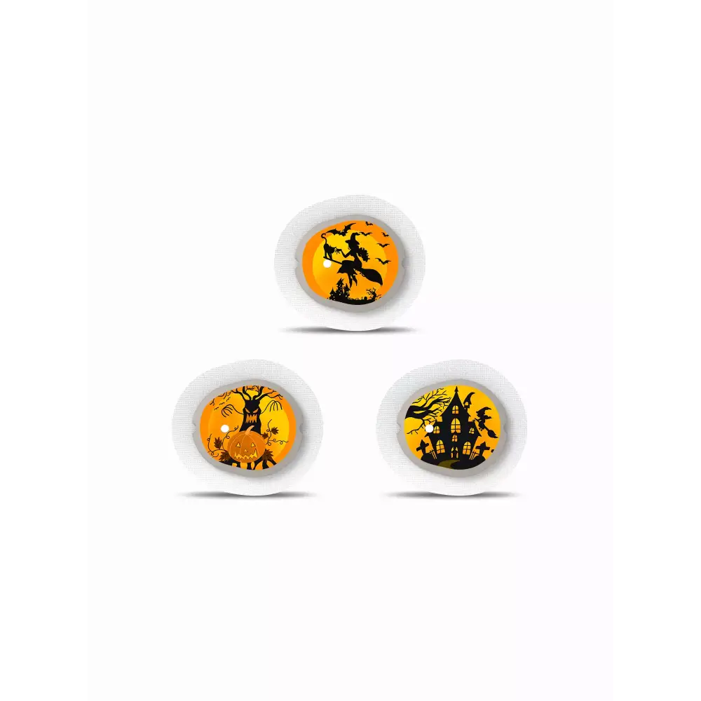 Halloween-themed Dexcom G7 stickers featuring festive designs like haunted houses and pumpkins.