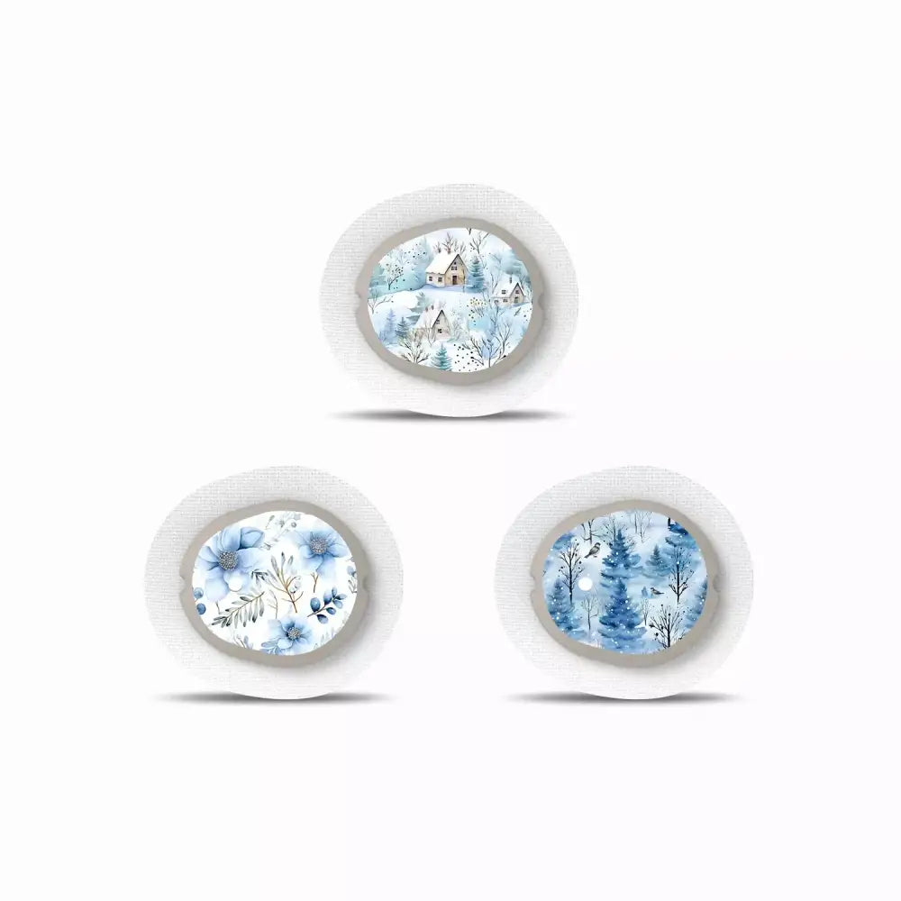 Winter-themed Dexcom G7 sensor stickers with festive designs.