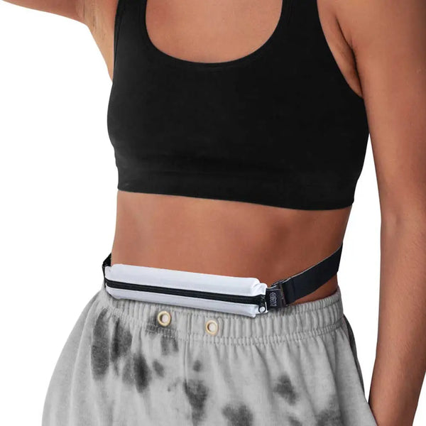 Extended-length insulin pen and diabetes supply holder pouch worn on waist with adjustable belt, black and white soft stretchable fabric and secure zipper closure