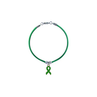 Diabetic bracelet with green cord and awareness ribbon charm.