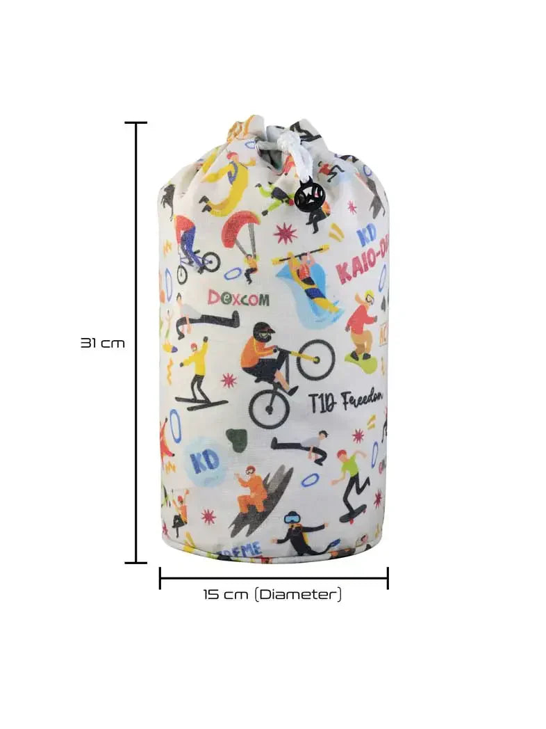 Dia-Bucket Bag with diabetes-themed illustrations, 31cm height, 15cm diameter, colorful design on canvas.