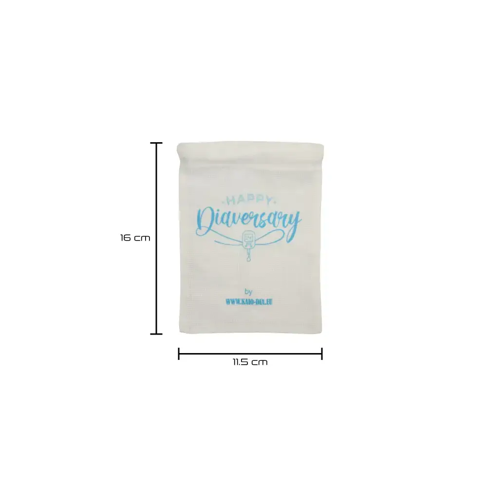 Kaio-Dia Diaversary Medium Gift Bag with 'Happy Diaversary' design, 11.5 cm x 16 cm, made from eco-friendly cotton.