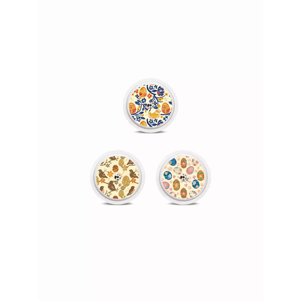 Three decorative round stickers for Freestyle Libre blood glucose monitors, Easter Edition 2025