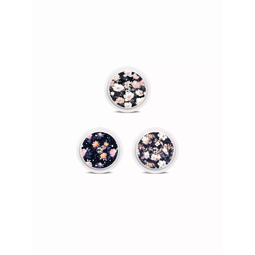 Freestyle Libre 2 Spring Edition 2025 floral stickers in vibrant dark floral patterns for sensor customization.