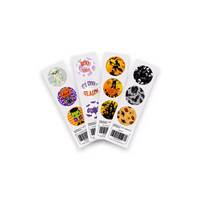 Freestyle Libre 2 Halloween Stickers Sheets - Various designs featuring skeletons, bats, pumpkins, witches, and Halloween characters in vibrant colors.