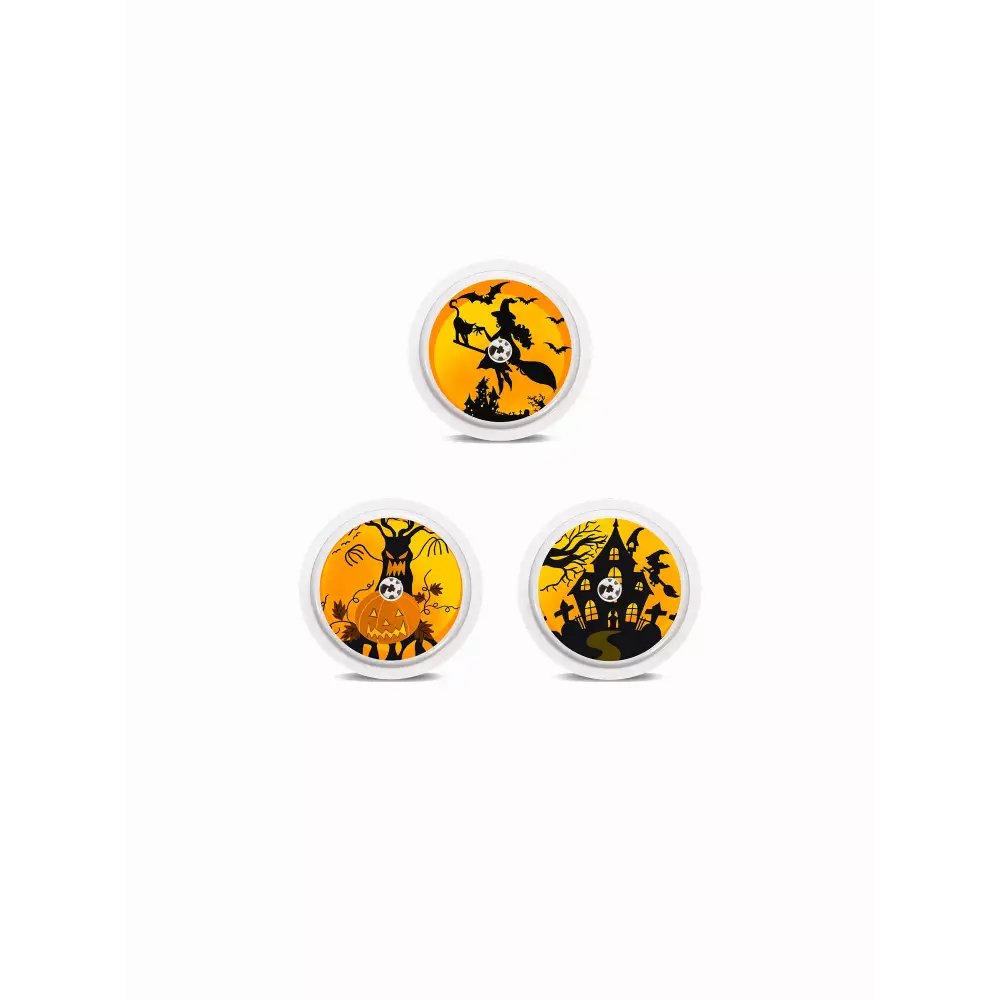 Freestyle Libre 2 Halloween Stickers - Set of 3 featuring haunted house-themed designs with witches, pumpkins, and spooky silhouettes on a vibrant orange background.