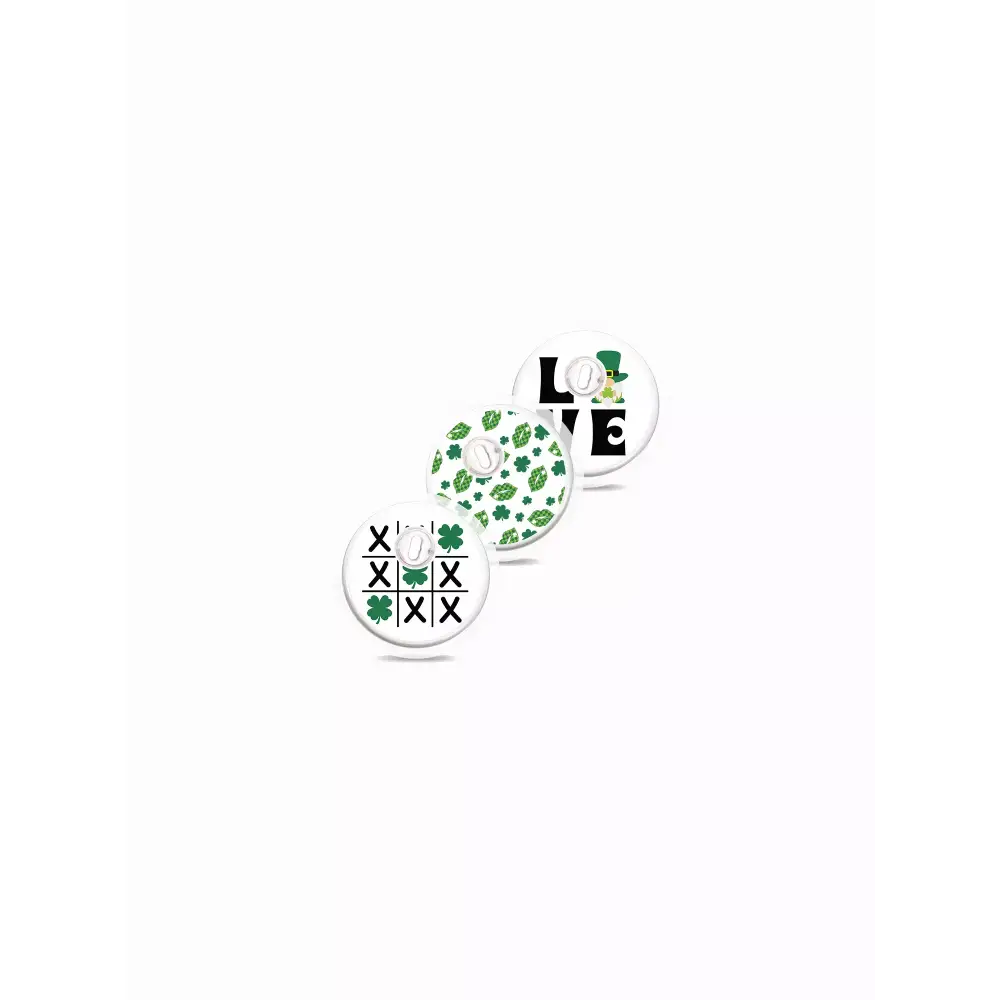 Libre 3 Stickers St. Patrick's Day Edition, three decorative laminated sensor covers featuring festive designs with clovers and holiday symbols.