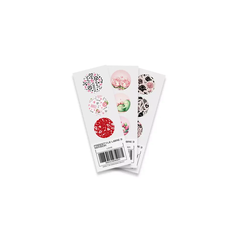 Valentine Edition Libre 3 Stickers with love, plant, and gothic themes for Freestyle Libre 3 sensor.