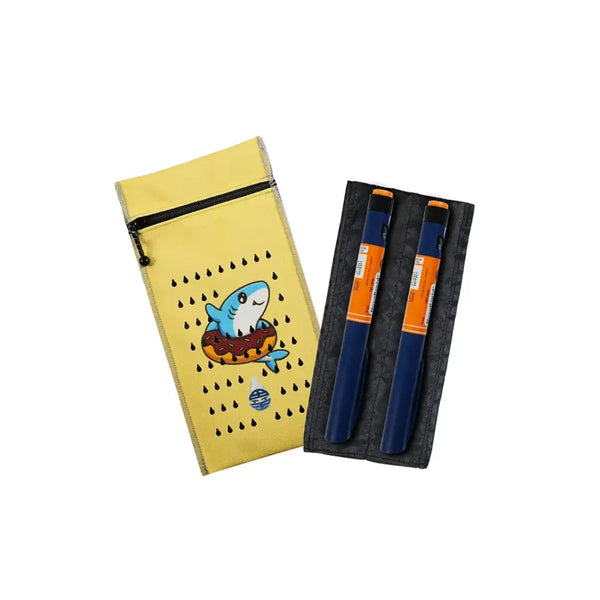 Insulin cooling wallet for kids with shark design, fits 2 insulin pens or vials, maintains temperature for 48 hours.