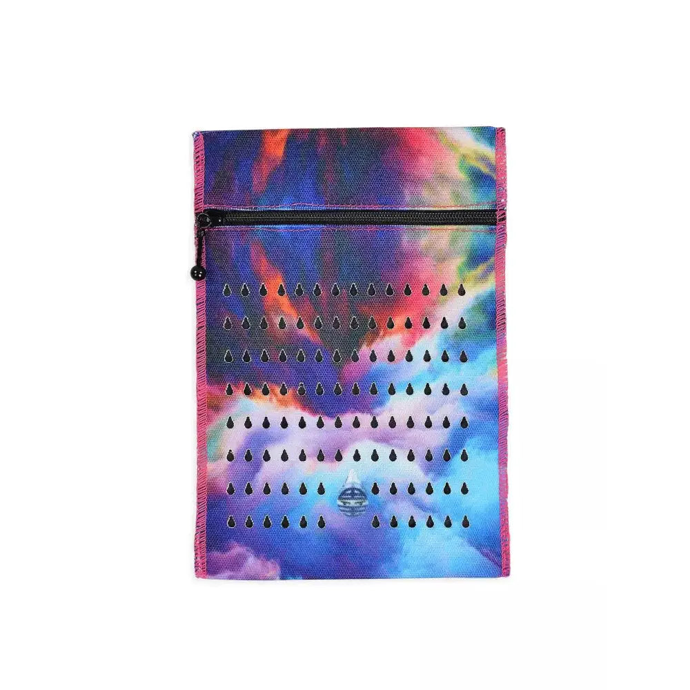 Insulin cooling wallet with abstract colorful design for 3 pens or 5 vials, ideal for travel.