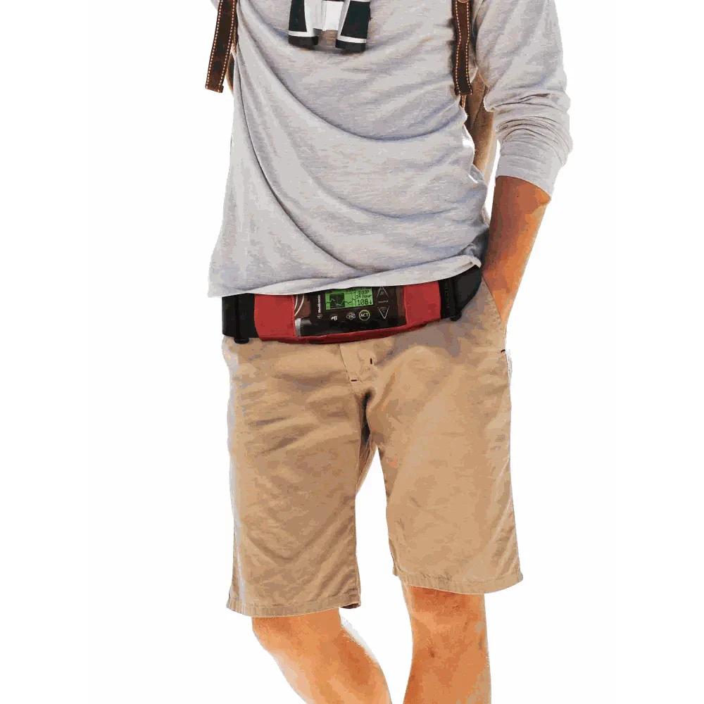 Insulin pump belt in use with transparent touch-friendly window for easy monitoring.