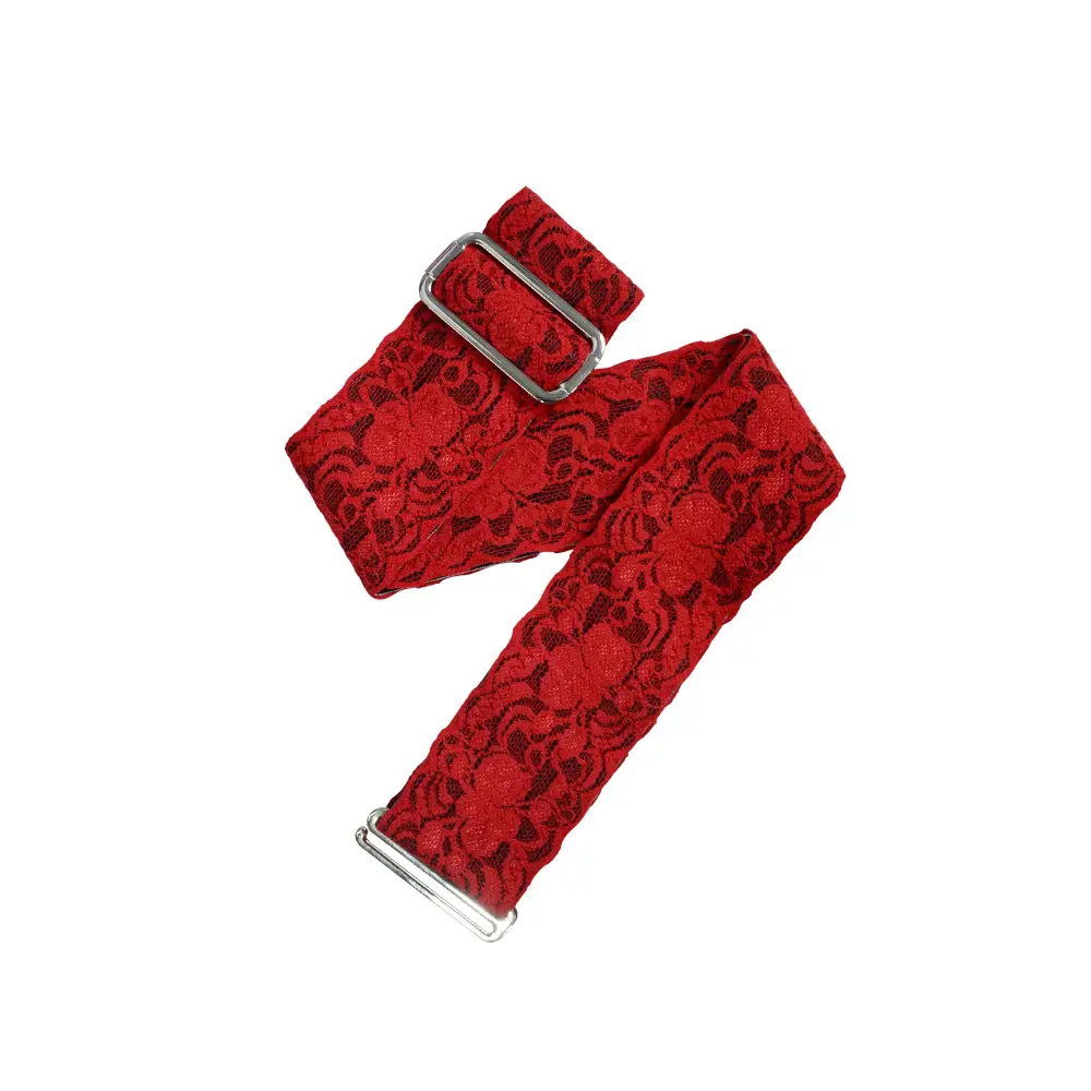 Insulin pump belt in red lace with silver G-hook and adjuster.
