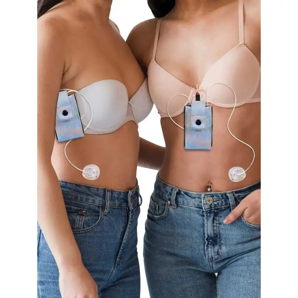 Colorful insulin pump pouches worn under tops with attached tubing, showcasing the Summer Vibes Collection.