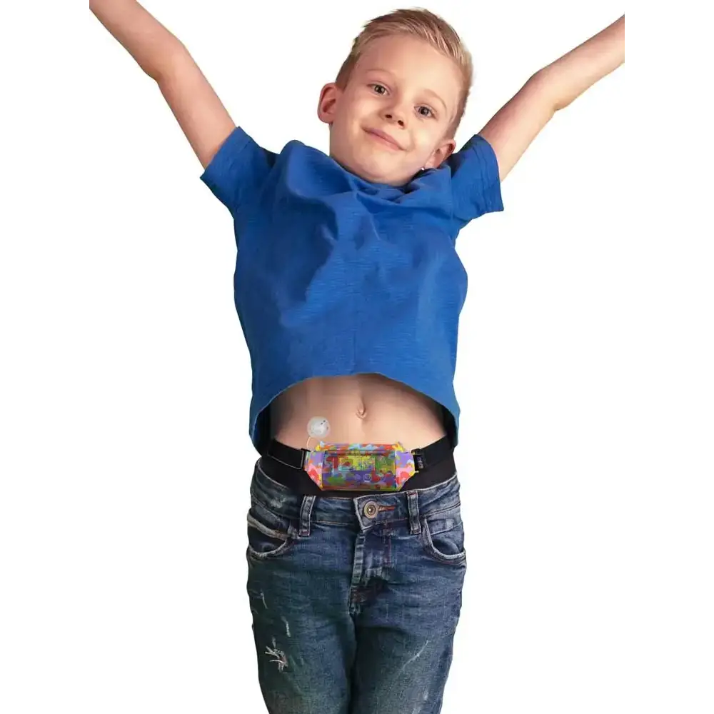Insulin pump pouch with mesh window on child wearing blue shirt, showcasing secure and stylish design.