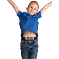 Insulin pump pouch with mesh window on child wearing blue shirt, showcasing secure and stylish design.