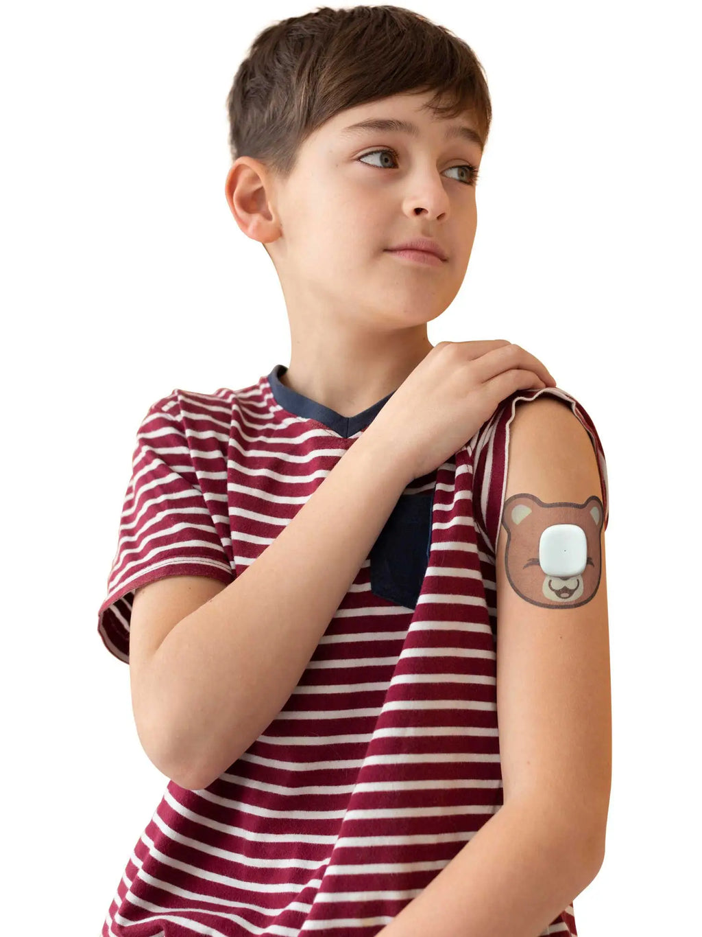 Adesivo de fixação infantil para Simplera Sync, forma de urso, usado por um menino