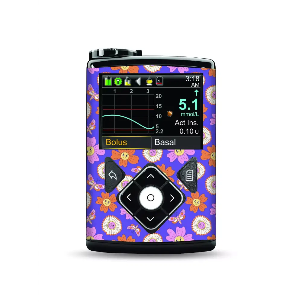 Medtronic MiniMed insulin pump with vibrant floral sticker design, Spring Edition 2025.