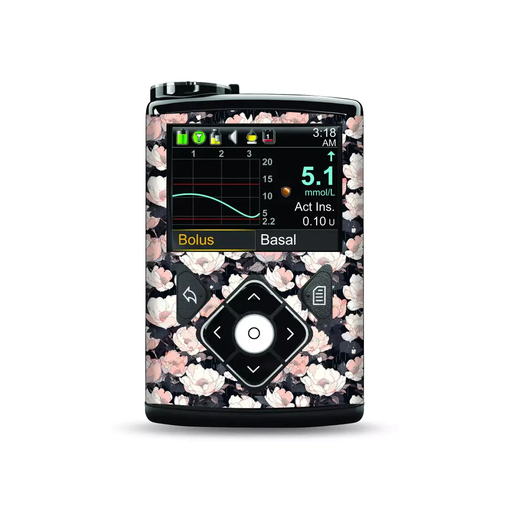 Medtronic MiniMed insulin pump with floral pattern sticker, durable and stylish.