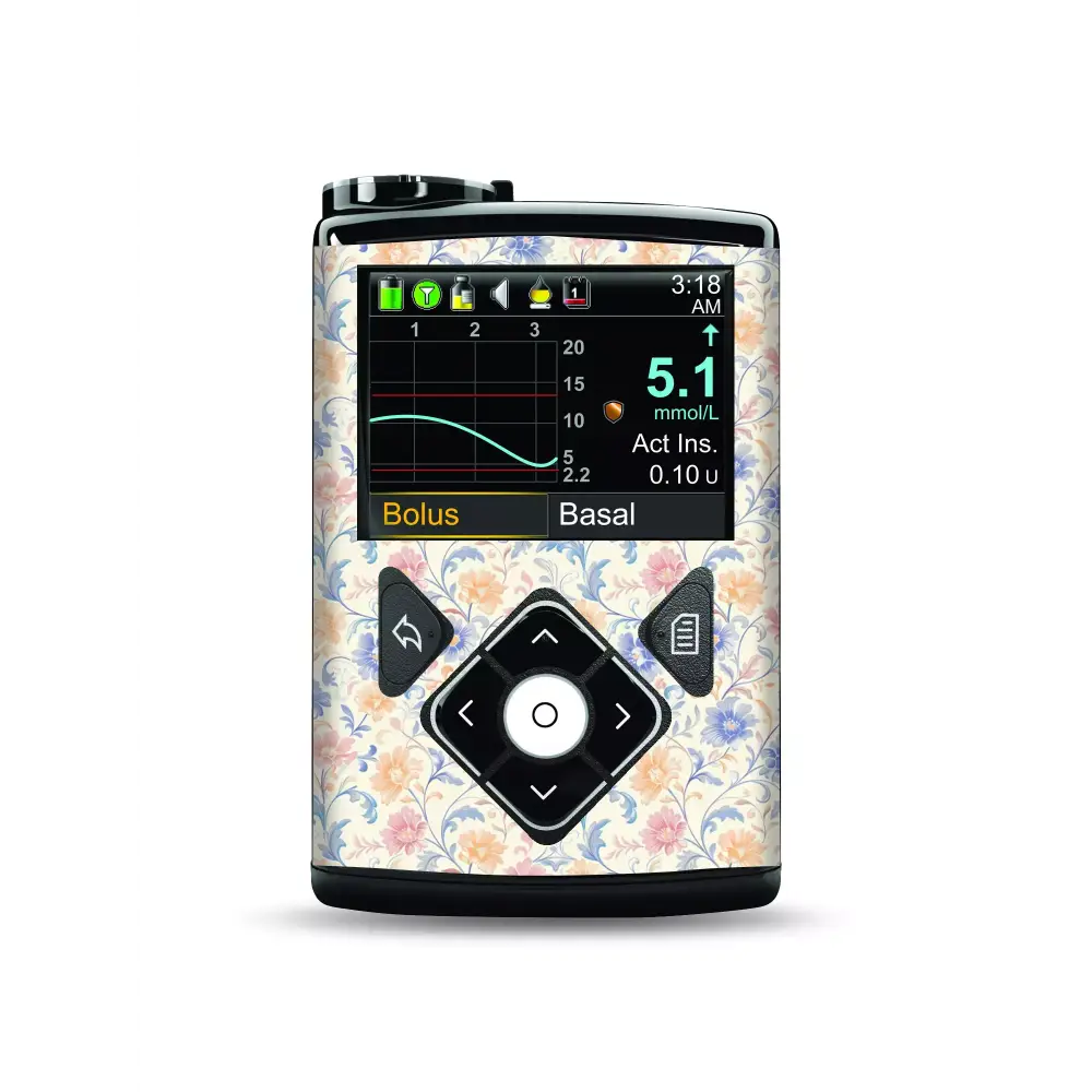 Medtronic MiniMed insulin pump with floral vinyl sticker, Spring Edition 2025.